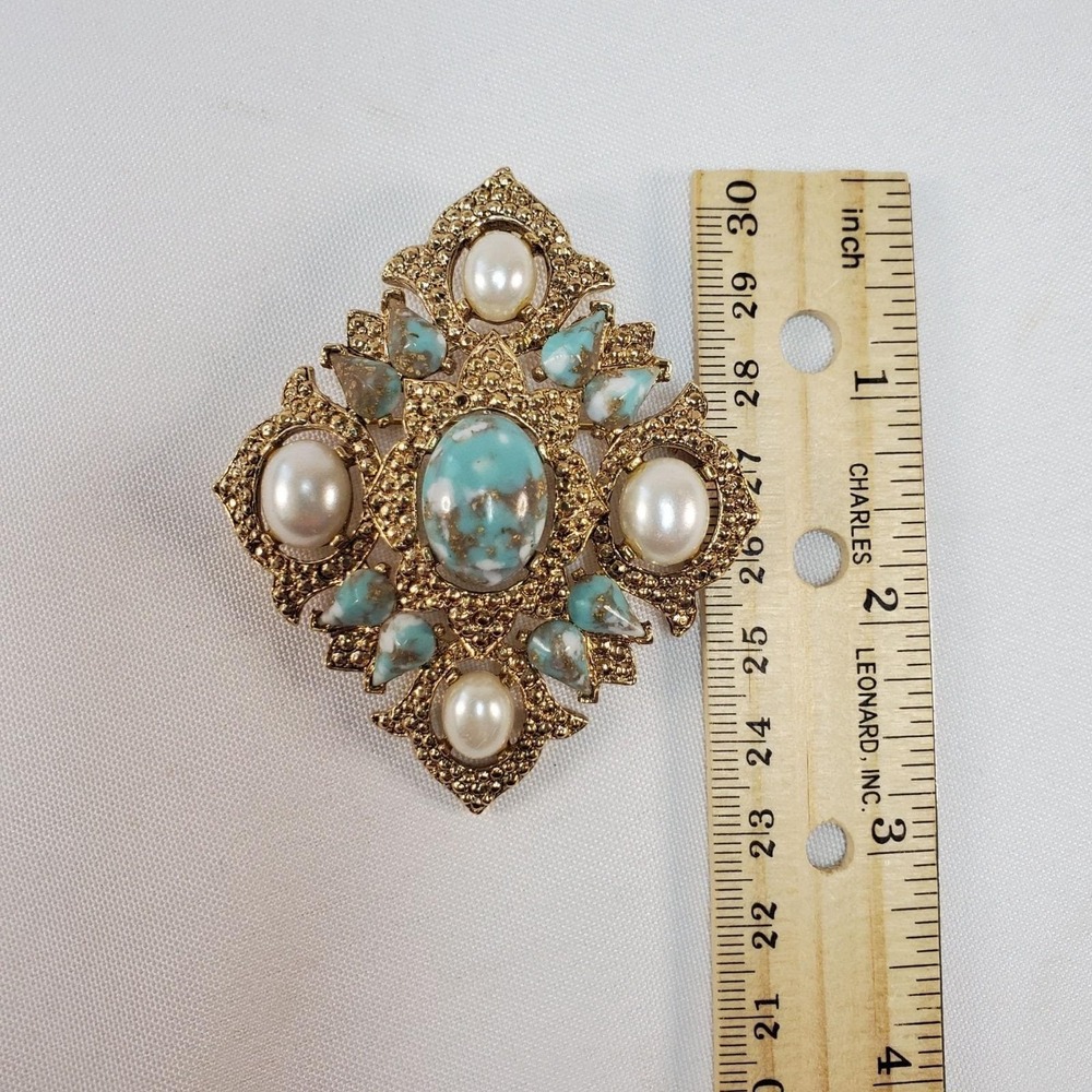 Vintage Sarah Coventry Brooch Pendant Gold With Faux Pearl & Turquoise Stones - Picture 9 of 12